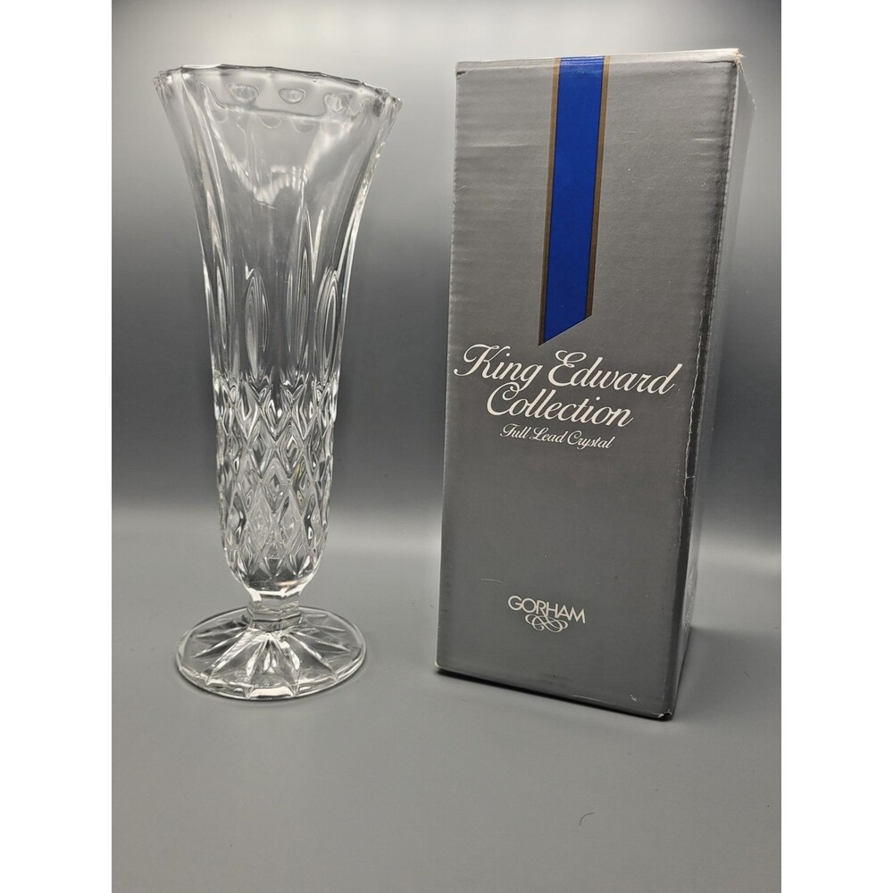 Gorham King Edward Full Lead Crystal Bud Vase 7 7/8" Vintage w/ Original Box